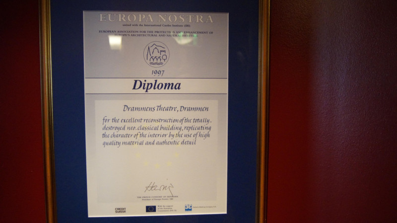 Dyplom Europa Nostra przyznany dla Teatru w Drammen.
