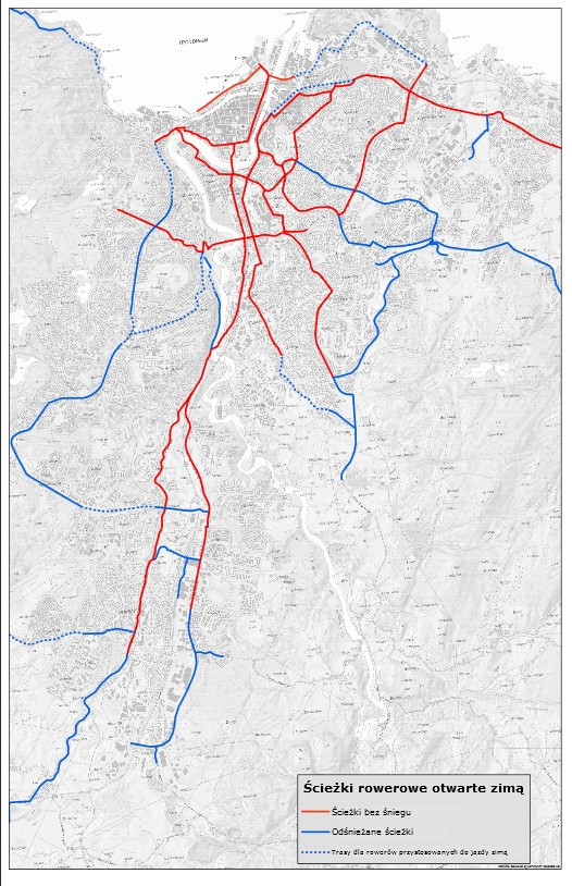Na mapie widnieją ścieżki oznaczone na czerwono i niebiesko. Nie bez powodu wprowadzono rozgraniczenie na te dwa kolory