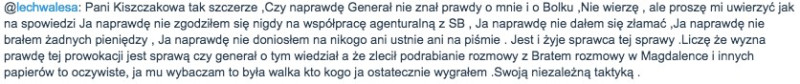 Wpis Lecha Wałęsy na jego mikroblogu.