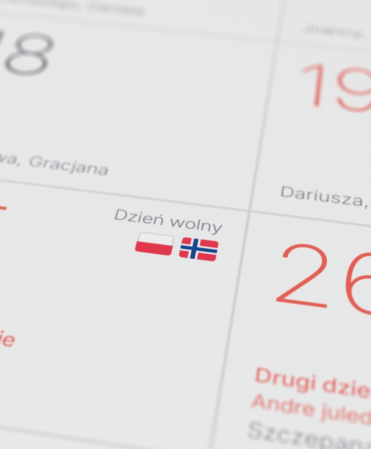 Zbliżenie kalendarium z&nbsp;Bożym Narodzeniem oznaczonym jako dzień wolny w&nbsp;Polsce i&nbsp;w&nbsp;Norwegii