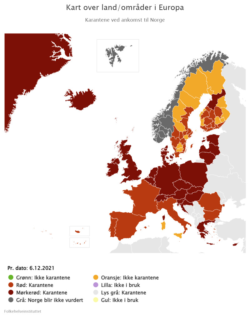  Aktualna mapa FHI, Polskę oznaczono kolorem ciemnoczerwonym, co oznacza kwarantannę wjazdową po przybyciu do Norwegii
