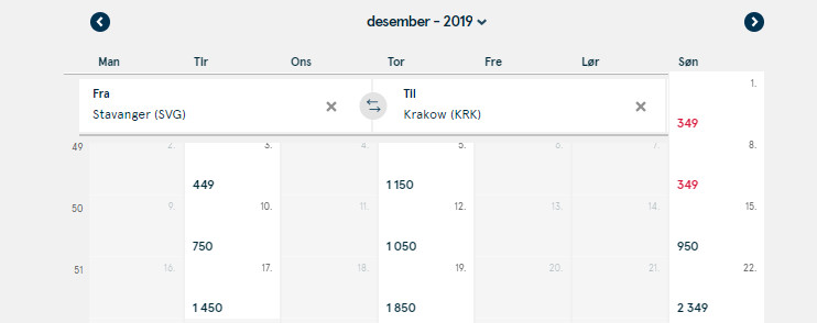 Przykładowe loty w grudniu 2019 ze Stavanger do Krakowa.