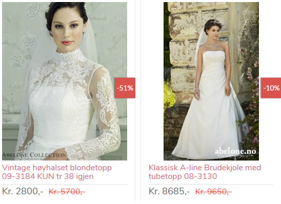 Przykładowe ceny nowych sukienek z wyprzedaży w norweskim sklepie internetowym.