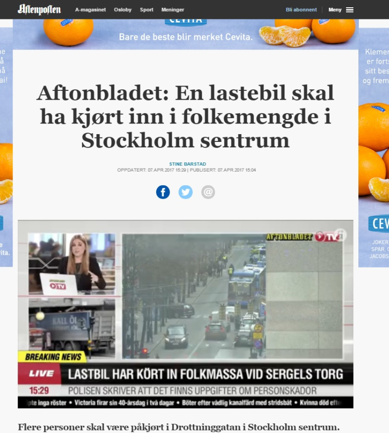 Norweskie media, powołując się na Aftonbladet, informują o zdarzeniu