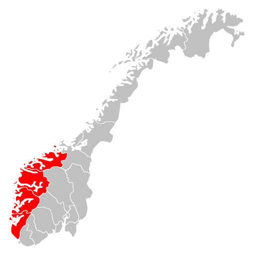 Region Vestlandet na mapie Norwegii. 