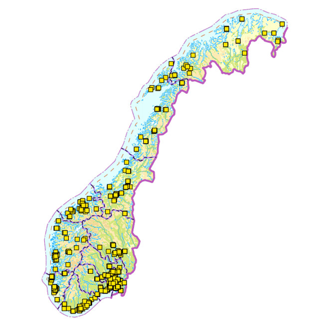 Mapa publicznych schronów dostępnych w Norwegii.