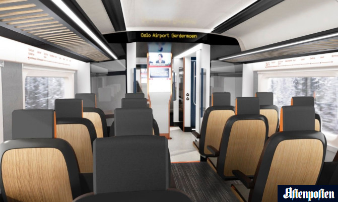 Wnętrze nowego pociągu ekspresowego Flytoget (wizualizacja)