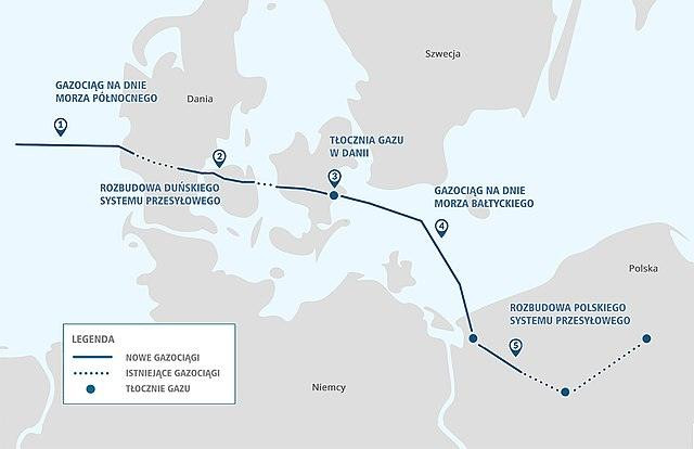 Mapa poglądowa przebiegu gazociągu Baltic Pipe.