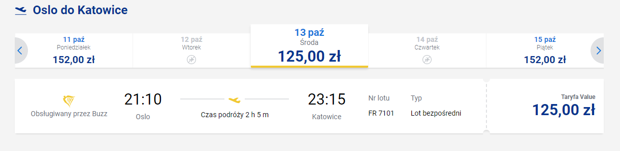 Przykładowe ceny biletów za lot z Oslo do Katowic.
