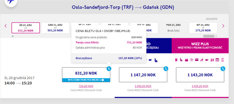 Przykładowa rezerwacja biletu na grudzień z Sandejford-Torp do Gdańska. 