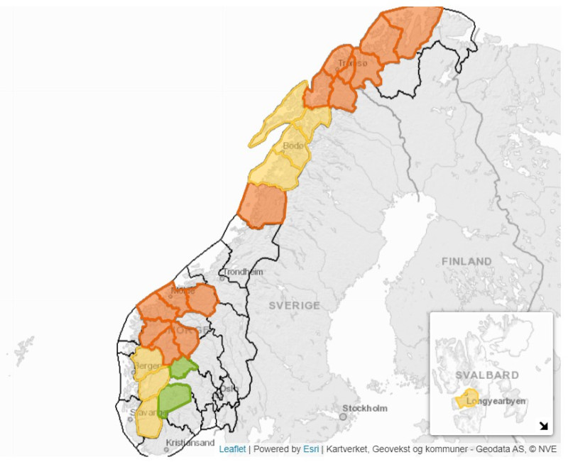 Zagrożenie lawinowe występujące w Norwegii 8 i 9 kwietnia. 