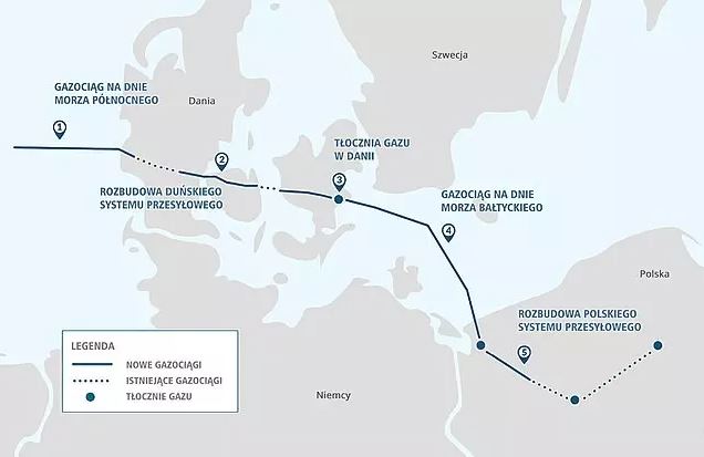 Mapa poglądowa przebiegu gazociągu Baltic Pipe.