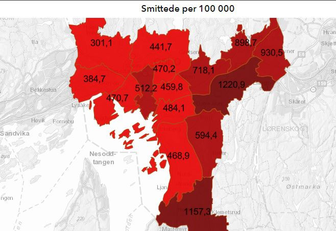 Liczba zakażeń na 100 tys. mieszkańców w ciągu ostatnich 14 dni w dzielnicach Oslo.
