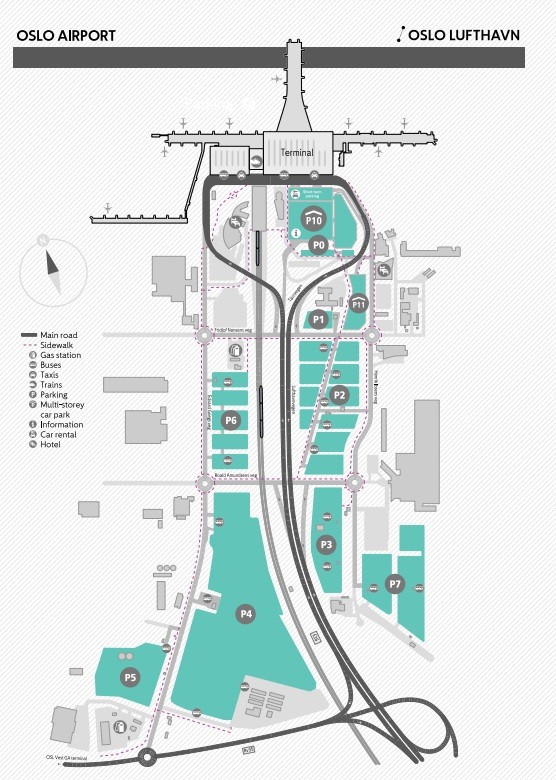 Mapa parkingów przy lotnisku w Oslo.