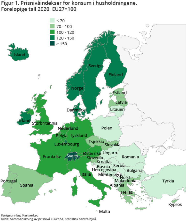 Mapa przedstawiająca wskaźnik cen dla 37 państw Europy.