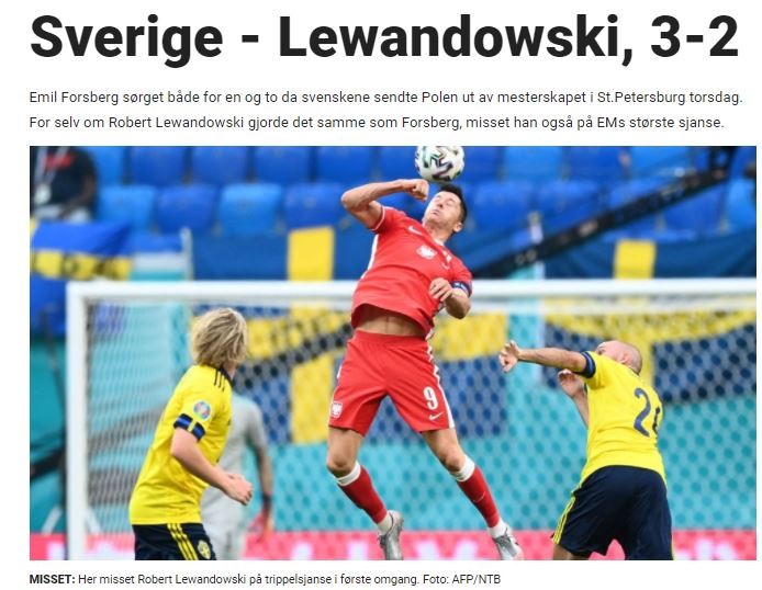 Zdjęcie otwierające artykuł podsumowujący mecz Polska vs. Szwecja przez Dagbladet.