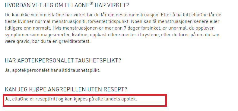 EllaOne można w Norwegii kupić bez recepty w każdej aptece.