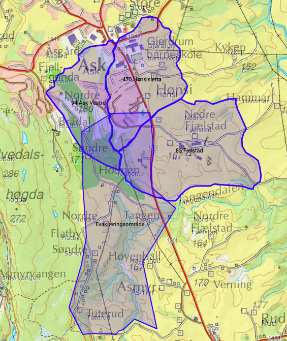 Mapę ewakuowanych terenów przygotował Urząd Gminy Gjerdrum.
