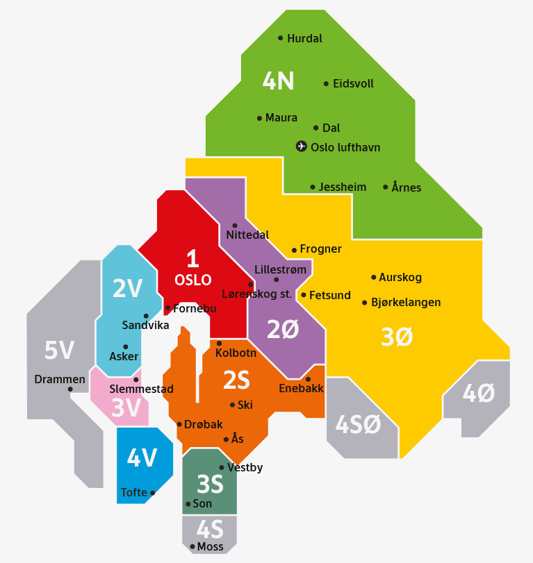 Mapa stref komunikacji miejskiej w Oslo