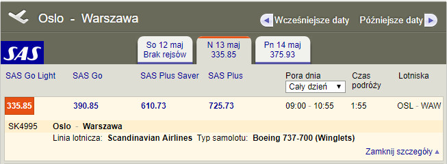 Przykładowe loty SAS z Oslo do Warszawy.