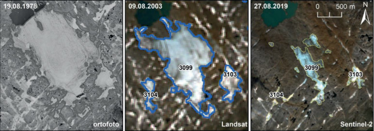 Zmiana powierzchni lodowca Breifonn w latach 1978-2019.