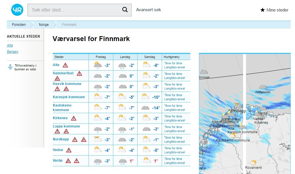 Progroza pogoda na weekend dla okręgu Finnmark